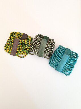 Bundle of 3 wooden wide cuff stretch bracelets